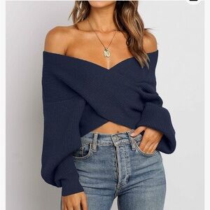 ZCSIA Women's Navy Wrap V Neck Cropped Sweater